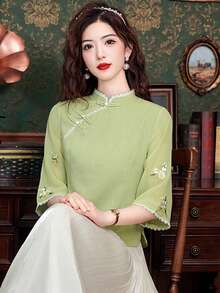 复古风修身旗袍上衣，轻盈中国元素，夏季日常穿搭，文艺优雅唐朝服饰 - 綠色 - 查看 1
