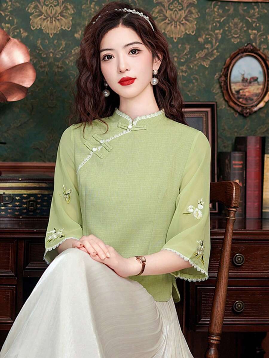 复古风修身旗袍上衣，轻盈中国元素，夏季日常穿搭，文艺优雅唐朝服饰 - 綠色 - 查看 1