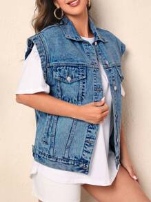 SHEIN Frenchy Front Button Casual Denim Jacket With Pockets - Medium Wash - View 3