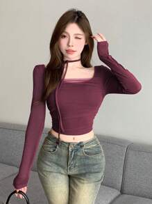 DAZY Red Party, Valentine's Day, Back To School Event Women Mesh Splice Long Sleeve Top,Fall Clothes - Burgundy - View 3
