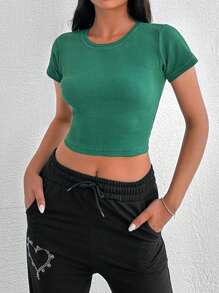 EURMUSE 3pcs/Set Women's Simple Round Neck Solid Color Cropped Short Sleeve T-Shirt (White+Black+Army Green) - MultiWarna - View 3