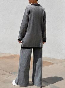 EURMUSE Woman Cardigan Set Elegant Button And Pockets Detailed Comfy Warm Sweater Pants Co-Ords - Dark Grey - View 2