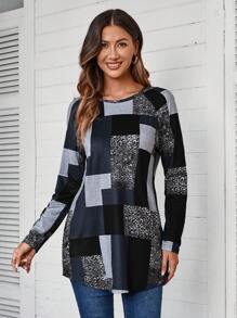 EMERY ROSE Women's Geometric Print Crew Neck Casual Loose Long Sleeve T-Shirt - Multicolor - View 5