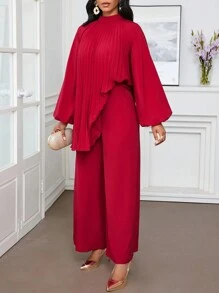 SHEIN Lady Women Loose Comfort Pleated Sleeve Shirt And Wide Leg Pants Set, Red Women Two Pieces Sets Two Pieces Outfits Fall Two Pieces Sets