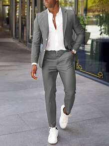 Calvornis Men's Spring And Autumn Solid Color Lapel Long-Sleeved Suit Jacket And Pants Business Travel Suit - Dark Grey - View 7