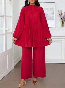 SHEIN Lady Women Loose Comfort Pleated Sleeve Shirt And Wide Leg Pants Set, Red Women Two Pieces Sets Two Pieces Outfits Fall Two Pieces Sets