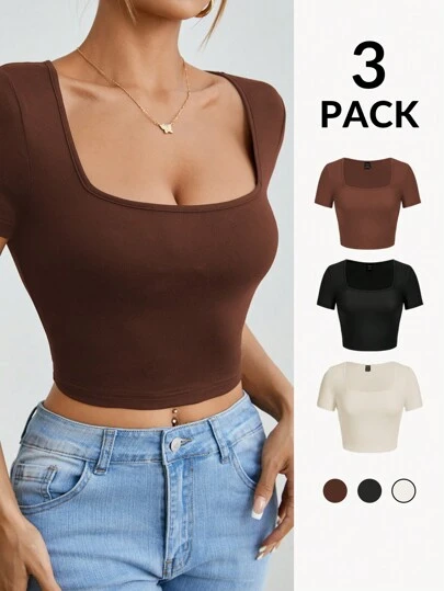 SHEIN PETITE 3 件装女士休闲方领短袖修身 T 恤，简约黑、白、灰设计