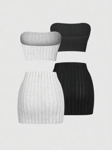 Flirla Conjunto informal de 2 piezas de top de tirantes con textura de unicolor y falda para el verano