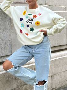 EURMUSE Áo nỉ thêu chữ và hoa cho mùa thu đông - trắng - Xem 4