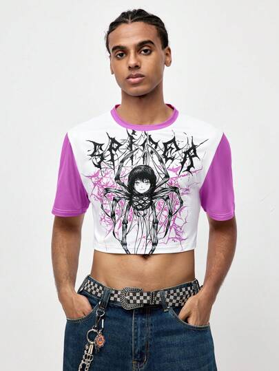 ROMWE Avant Camiseta casual de cuello redondo de manga corta acortada con estampado de letra y personaje de caricatura de color contrastante para hombre, escolar