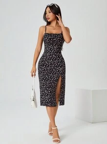 SHEIN PETITE Floral Print Slit Strap Dress, Summer
