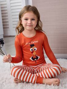 SHEIN Conjunto de pijama con camiseta con gráfico de pavo y pantalones a rayas para niña joven, para Acción de Gracias, otoño/invierno, para fiesta de Halloween - Naranja - Ver 5