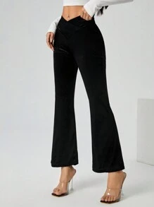 SHEIN PETITE Solid Black Velvet Flared Pants - Black - View 4