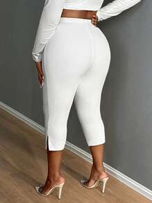 SHEIN SXY Women Plus Curve  Solid Split Cropped Leggings, Casual Elastic Waist Every Day Stretchy Leggings