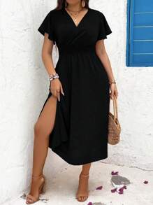 SHEIN LUNE Plus Size Women's Solid Color Overlap V-Neck Ruffled Short Sleeve Casual Dress, Summer Maxi Women Outfit - Black - View 5