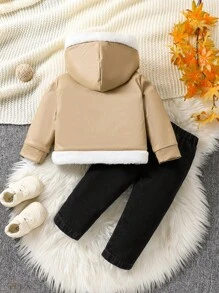 2pcs Baby Boy Thermal Lined Jacket And Casual Long Denim Pants Set - Brown - View 2