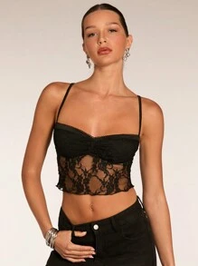 SHEIN BAE White & Black Contrast Ruffle Trim Spaghetti Strap Style Crop Top, Casual Tank Top For Women - Black - View 8