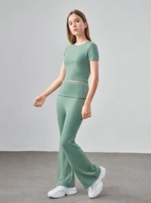 SHEIN Teenage Girl's Knitted Solid Color Ribbed Short Sleeve T-Shirt And Flared Pants Casual Sports Two-Piece Set - Green - View 13