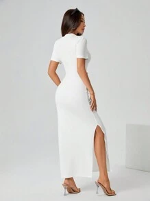 SHEIN PETITE V-Neck Puckered Short Sleeve Bodycon Dress - White - View 2