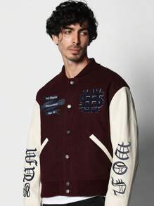 SUMWON Premium Two Tone Varsity Letterman Jacket With Embroidered Logo Patches College Style Baseball Student Athlete Autumn Winter Outerwear - Burgundy - View 3