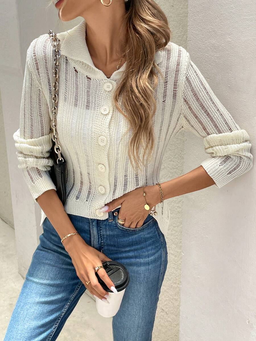 SHEIN LUNE Women's Spring And Autumn Solid Color Slim Thin Hollow Sweater Lapel Cardigan