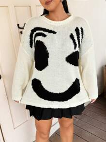 Flirla Plus Size Relaxed Fit Colorblock Smiling Face Knit Sweater