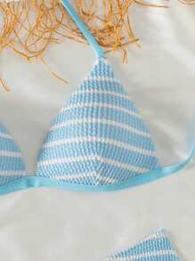 SHEIN Swim 女式夏季海滩航海风格蓝白条纹挂脖聚拢比基尼两件套泳衣 - 藍白色 - 查看 4