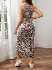 Maternity Elegant Party Fitted Midi Dress, Leopard Print Long Dress, Hawaii Dress For Baby Shower - Apricot - View 2