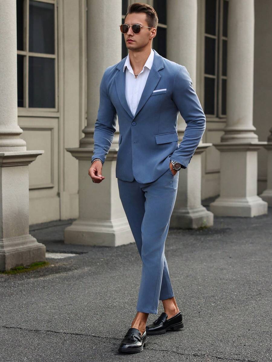 Manfinity Mode Costume homme (veste et pantalon) de couleur unie avec col rabattu - Bleu azur - Voir 1