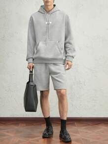 AKNOTIC Business Casual 2pcs Men's Loose Fit Drop Shoulder Hoodie And Shorts Set With Leather Patch, Gray, For Fall Winter - Grey - View 3