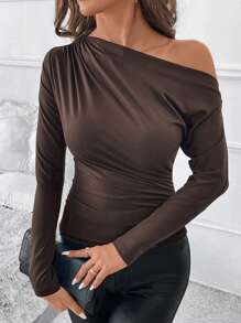 Lavishia Asymmetric Collar Pleated Slim Fit Solid Color Casual T-Shirt, Spring & Fall Winter Clothes