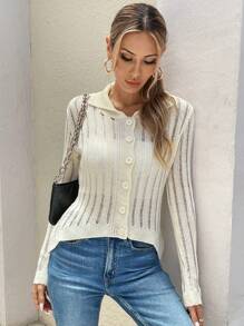 SHEIN LUNE Women's Spring And Autumn Solid Color Slim Thin Hollow Sweater Lapel Cardigan