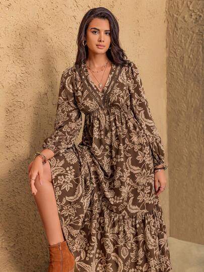 Rusttydustty 波西米亚风女士多色花卉V领蕾丝浪漫连衣裙，适合婚礼、情人节、新年等场合，也适合派对穿着。