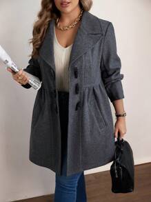 Calvaya 大码复古领口纽扣前腰大衣 - 灰色 - 查看 3