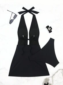 SHEIN Swim Conjunto de vestido de baño y traje de baño triangular con espalda descubierta y fruncido, unicolor, para vacaciones, para mujer en verano - Negro - Ver 3