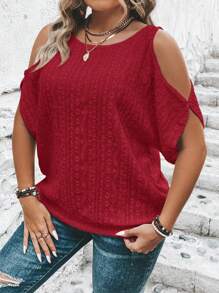 SHEIN LUNE Plus Size Casual Solid Color Hollow Embroidery Open Shoulder T-Shirt - Red - View 5