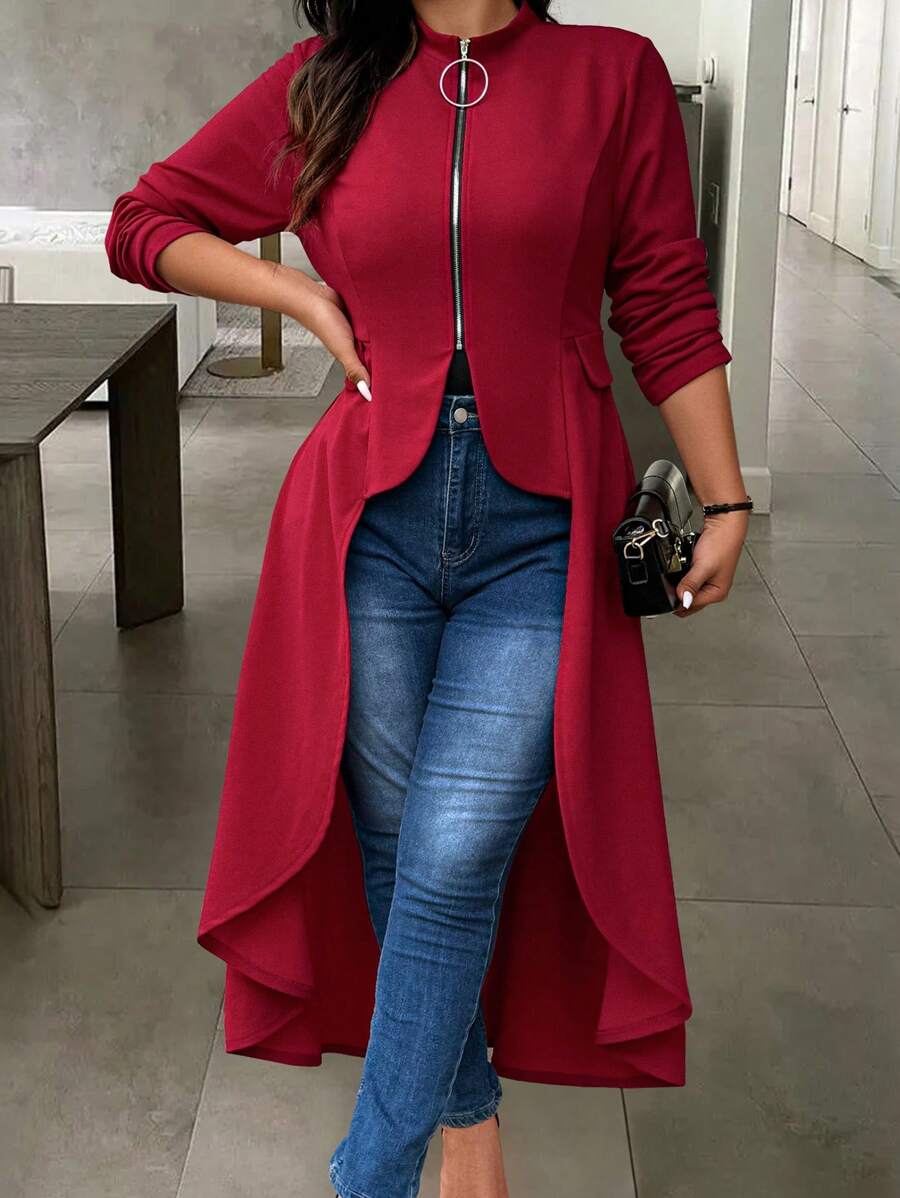 SHEIN Clasi 大码圆领长袖拉链开衩设计优雅外套