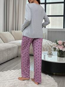 Moonlight&Mama 情书印花长袖上衣和裤子哺乳孕妇睡衣套装，秋冬服装 - 灰色 - 查看 2