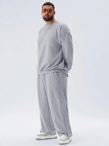 Manfinity NXTstreet Set de 2 piezas de talla grande de sudadera con capucha entallada suelta de punto y pantalón de chándal recto con cordón en la cintura para hombres