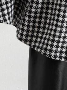 SHEIN 3 件套女童千鸟格斗篷、黑色 PU 裤子和帽子套装，优雅时尚装扮，适合秋冬季 - 棕色 - 查看 4