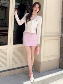 DAZY Camiseta de manga larga con cuello en V, suelta, con lazo y bordado, ropa de otoño - Beis - Ver 7