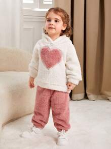 SHEIN Playful Pals 2 件套女婴保暖心羊毛连帽运动衫和裤子套装，秋冬 - 粉色 - 查看 3