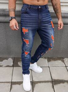 Manfinity EMRG Pantalones vaqueros de mezclilla desgastados con botones delanteros y múltiples bolsillos para hombres de talla grande, para uso casual de todos los días