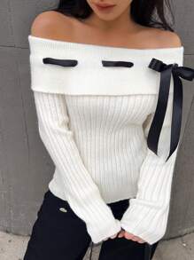 SHEIN Unity Bowknot Off Shoulder Pullover Sweater, Knit Pullover Fall Winter - Beige - View 5