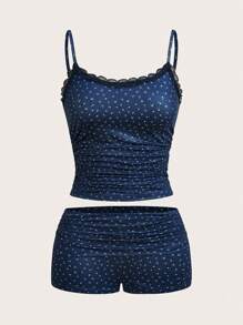 SHEIN EZwear 2 件套女士细肩带蕾丝拼布印花衬衫和短裤套装