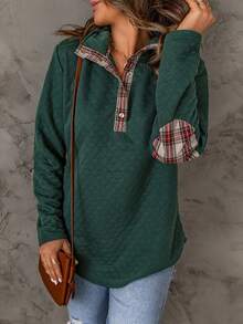 CILKOO Women's Button Plaid Contrast Color Long Sleeve Casual Loose Comfortable Sweatshirt - Green - View 4