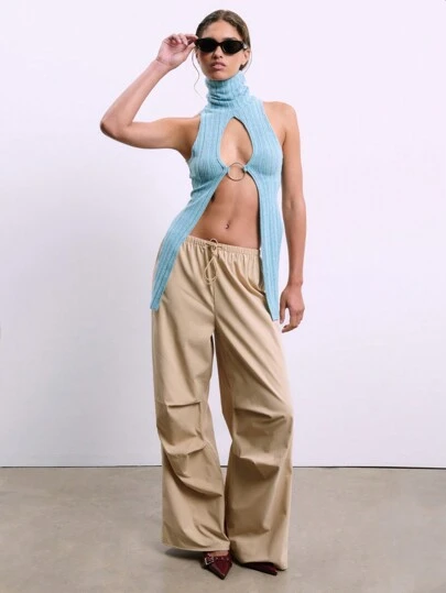 休闲低腰抽绳百褶直筒工装裤