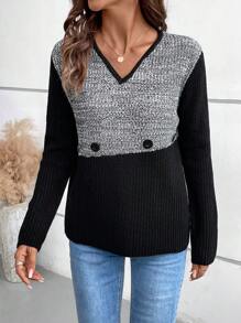 SHEIN LUNE Damski elegancki, dzianinowy sweter o dopasowanym kroju, z dekoltem w kształcie litery V, z długim rękawem