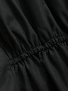 FRIFUL 女士夏季休闲纯色褶皱短袖衬衫，荷叶边 - 黑色 - 查看 10