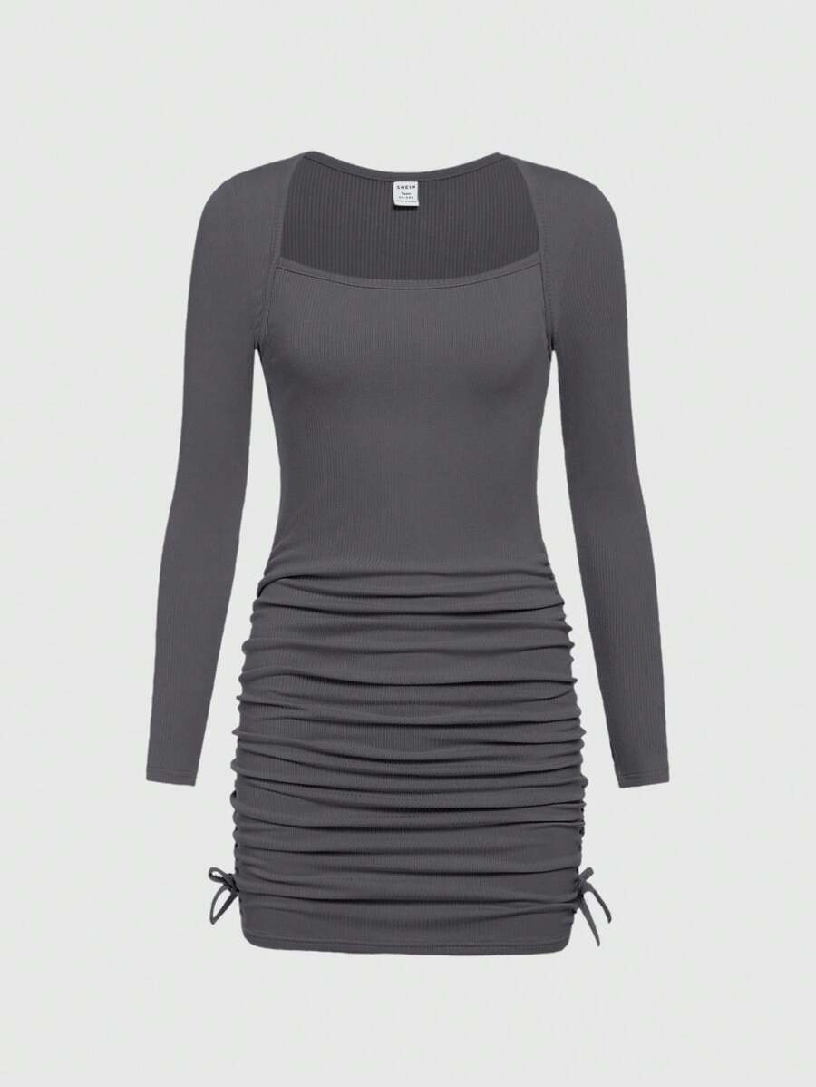 SHEIN Teen Girls Solid Color Ruched Fitted Knitted Casual Long Sleeve Dress - Dark Grey - View 1